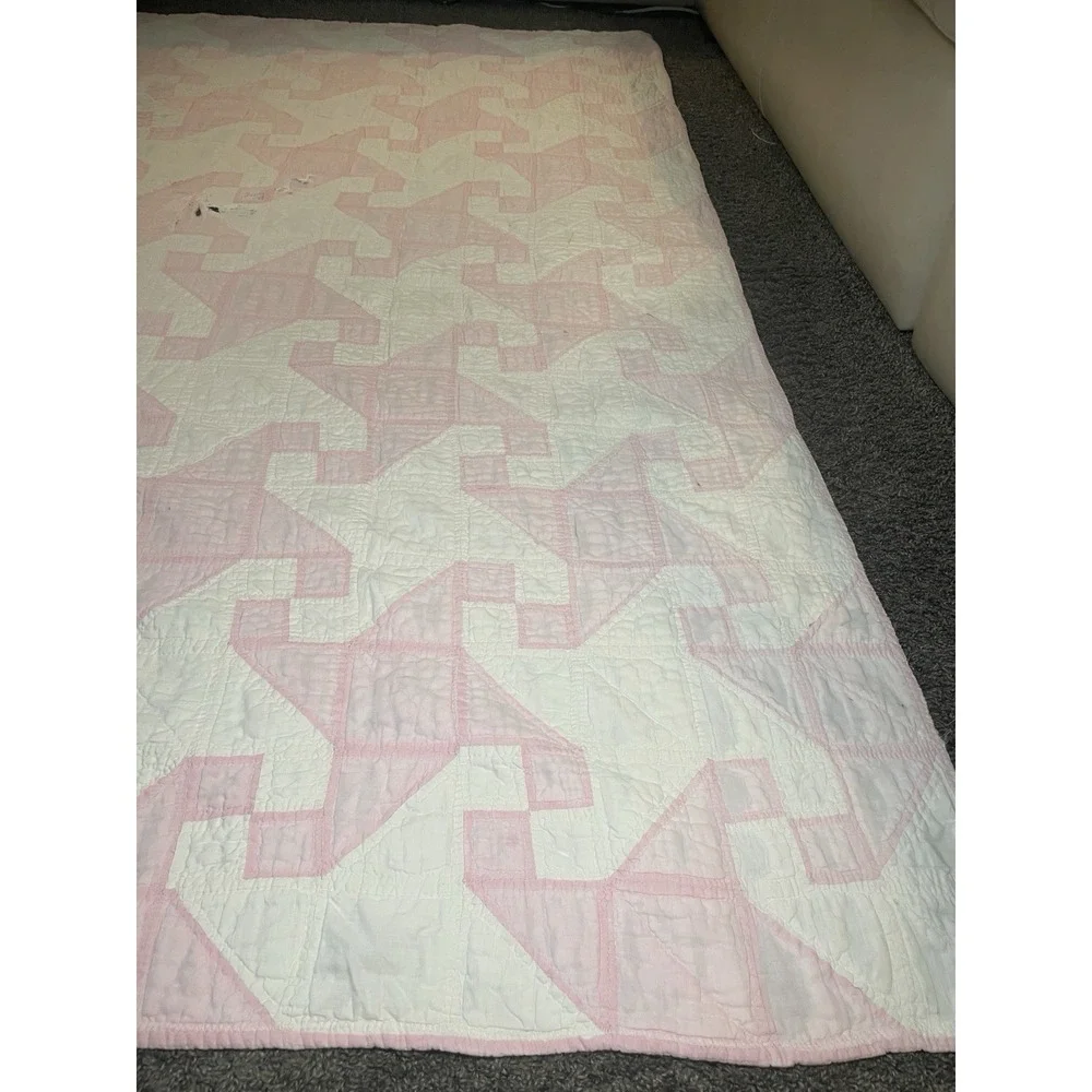 VTG ANTIQUE HANDMADE QUILT 69x69 Drunkard's Path Pink White Cottage 1920's Loved